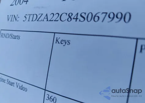 2004 Toyota Sienna Xle Limited z USA, uszkodzony, nr VIN 5TDZA22C84S067990